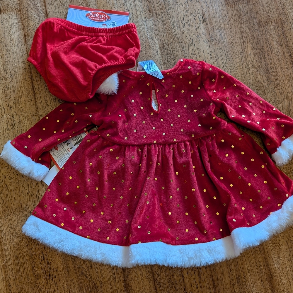 NWT! Baby Girl's Rudolph The Red Nosed Reindeer Soft Velour Christmas Dress Set - Picture 8 of 11